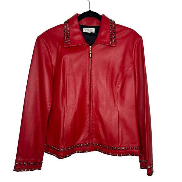 St. John Sport Red Leather Jacket Blazer Grommet Detailing Size Large - Picture 4 of 15